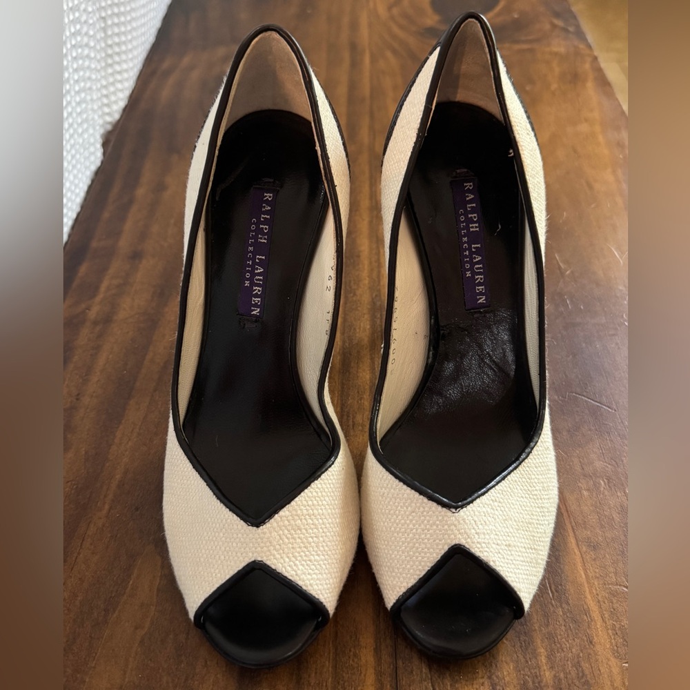 Ralph Lauren Purple Label Women's Cream and Black Peep toe Heels size 5.5